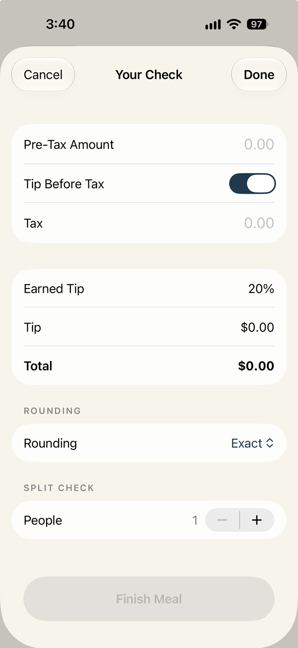 Waiter Rater tip calculation screen
