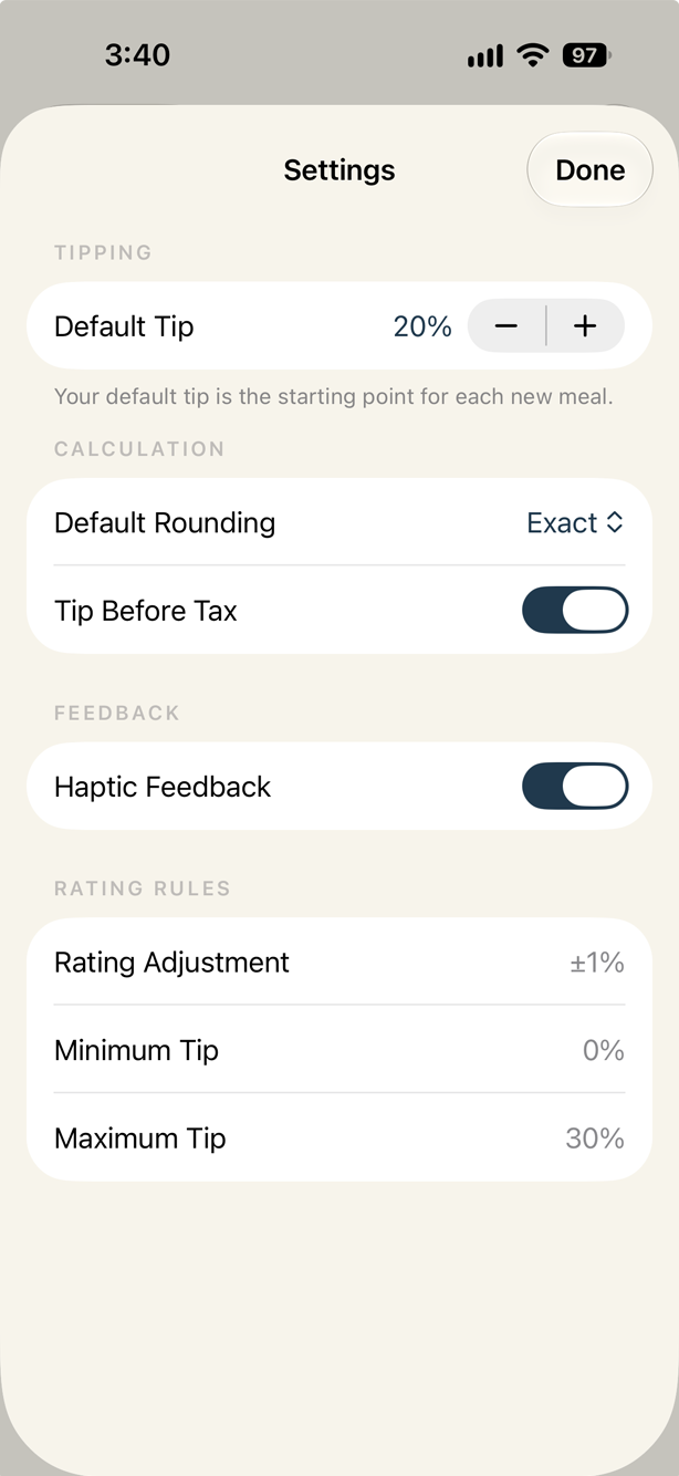 Waiter Rater default tip screen