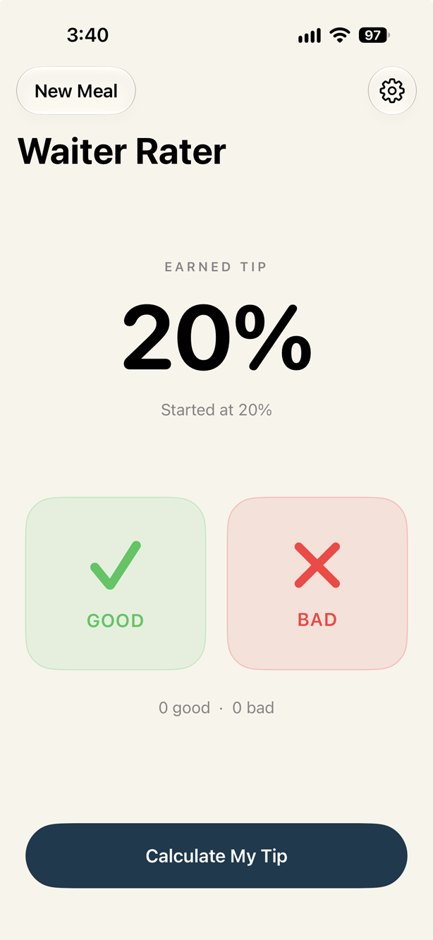 Waiter Rater main rating screen